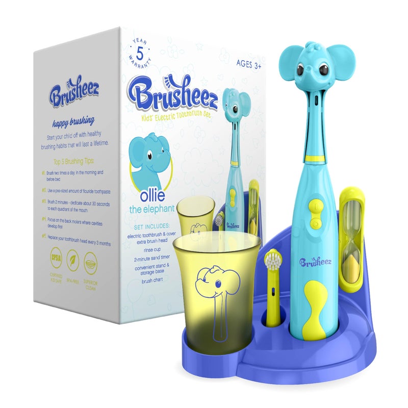 Brusheez مجموعة فرشاة أسنان كهربائية للأطفال Brusheez - آمنة وفعالة للأعمار من 3 سنوات فما فوق - تم اختبارها والموافقة عليها من قبل الآباء مع شعيرات لطيفة، رأسين للفرشاة، كوب شطف، مؤقت لمدة دقيقتين، وقاعدة تخزين (أولي الفيل) - Image 1